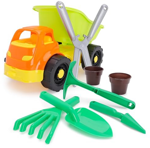 Toyland® Camion con cassone Ribaltabile da 33 cm (13) e Set da Giardinaggio da 7 Pezzi - Giocattolo da Spiaggia - Giocattoli da Giardino - dai 2 Anni in su