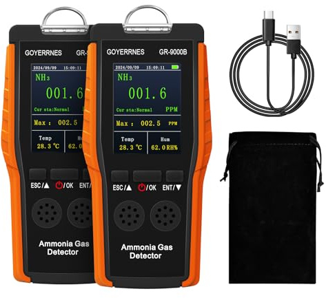 Detector de amoníaco 2PCS Detector de Gas NH3 portátil con Alarma Sensor Digital de monitorización Continua de amoníaco, Rango 0-100 PPM LCD Recargable Adecuado para Granjas avícolas