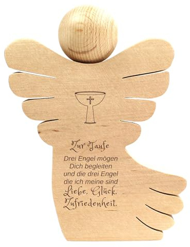 Geschenkissimo Geschenk zur Taufe Geldengel aus Holz inkl. Gravur - DREI Engel mögen Dich begleiten … Liebe Glück Zufriedenheit - Taufgeschenk für Jungen & Mädchen