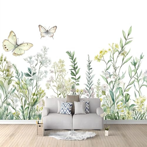 Fotomurale no Tejido Pintura De Acuarela Plantas Mariposa 400 x 280 cm Papel Pintado Decoración de Pared moderna, Murales póster efecto 3D, Decorativos Murales para Dormitorio Salón TV Pared