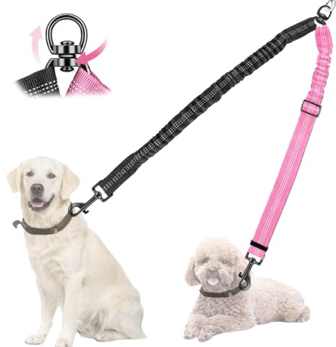 Double Dog Lead,Two Dog Lead No Tangle 360° Swivel Rotation Double Ended Bungee Lead for Dogs, Adjustable Shock Absorbing Bungee Splitter Leash for Training, Small, Medium & Large Dogs (Pink)