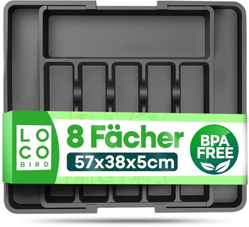 Loco Bird Besteckkasten für Schubladen ausziehbar bis 50cm - Besteckeinsatz aus Kunststoff verstellbar - Besteck Organizer Küche - Schubladeneinsatz Küche - Cutlery Organizer