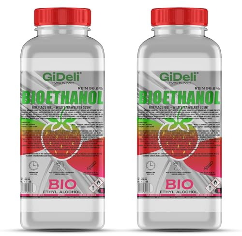 GiDeli Bioetanol 2 x 1 l de aroma a fresa silvestre 96,6% etanol para chimeneas interiores y exteriores, sin humo ni hollín, de maíz y remolacha azucarera