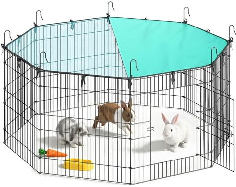 SONGMICS Enclos pour Petits Animaux, Parc Enclos, avec Toit, Respirant, Protection Solaire, pour Lapins, Cochons d’Inde, 8 Panneaux, 138 x 138 x 60 cm, Noir d'encre LPI020BH01