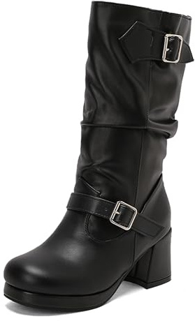 LarDorLin Comodo Punta Rojoonda Media Pierna Botas de Montar Mujer Moda Tacón Ancho Sin Cordones Plataforma Slouch Botín Hebilla Negro-P Talla 36 EU