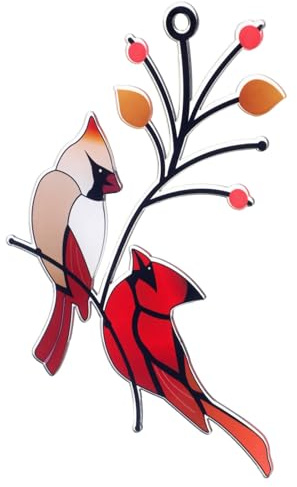 Veemoon Adorno Colgante De Ventana Pájaro Rojo De Vidrio y Hierro, Decoración Exterior Para Jardín, Vidriera Artística Diseño Hueco, Decoración Mural Resistente y Versátil