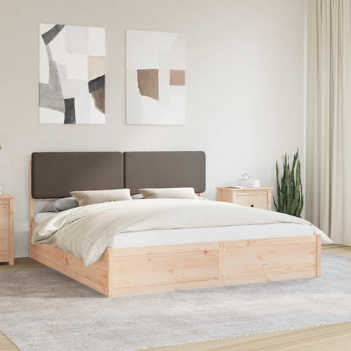 QJBSAVVA Taupe Kiefern-Doppelbett 200x200 cm mit gepolstertem Kopfteil, Lattenrost, ohne Boxspring, montageleicht