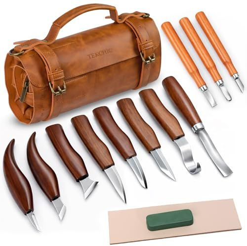Tekchic Set di 14 Coltelli per Intaglio del Legno con Astuccio in PU, Kit di Attrezzi Professionale con Manici in Noce Marrone, per Principianti, Adulti e Appassionati di Artigianato del Legno