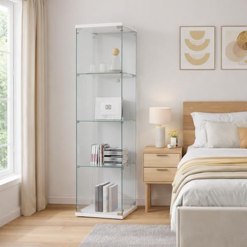Hoscullo Glasvitrine Standvitrine mit Abschließbar, Vitrinenschrank mit 1 Türen und 4 Einlegeböden, Glasvitrine Stehend für Sammlerstücke Bücher Wein, für Wohnzimmer, Schlafzimmer, Büro (Schwarz)
