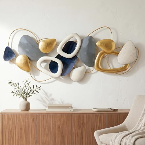 Blissio Kreisrelief,150 x 62 cm,Wanddeko aus Metall,Blau-Grau-Gold | Wanddeko Metall mit Rückseitigen Aufhängepunkten,3,6 kg,Quer Oder Hochkant Aufhängung,8 cm Wandabstand, mit Montageset