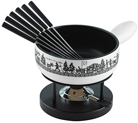 KUHN RIKON Alpenweide Set à fondue au fromage en argile compatible avec induction avec réchaud, brûleur à pâte et fourchettes Blanc 23 am