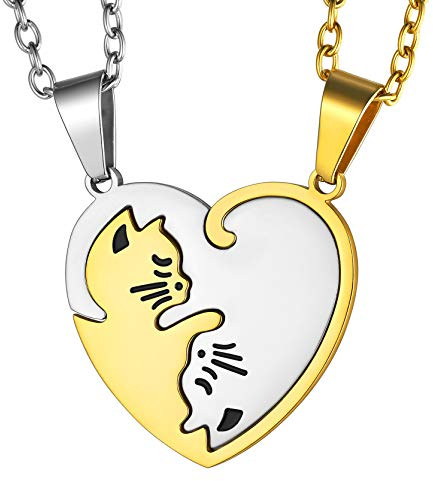 GoldChic Herz Anhänger Partnerketten Katze 2 Freundschaftsketten aus Edelstahl mit 18K Vergoldet und Silber Anhänger Puzzle Teil Anhänger Paar Anhänger Kette für Damen Herren