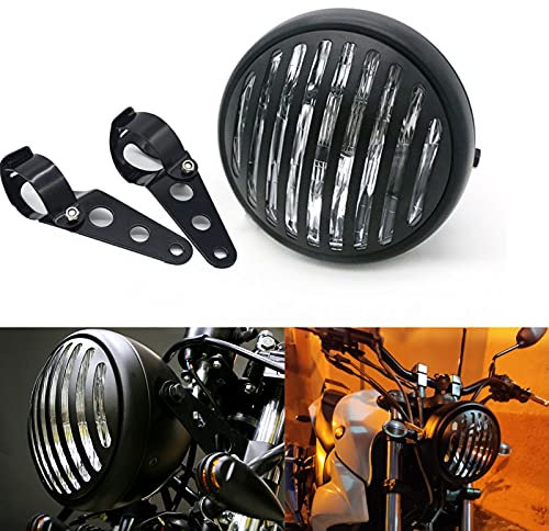 APEBAZY 7 Round Motorcycle Headlight with Custom Grille Cover and Bracket Assembly, Black Retro Universal Motorbike Front Headlamp for Softail Street Glide Chopper Cruiser CG125