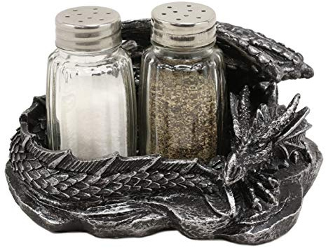 Ebros Gift Fire Spice Gothic Medieval Sleeping Dragon Salt And Pepper Shakers Holder Figurine Set 5.75L As Dungeons And Dragons Medieval Fantasy Kitchen Decor Accent