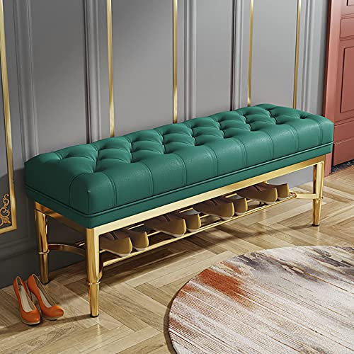 Hochwertige Lederbank für den Eingangsbereich mit goldenem Schuhregal, mit Knöpfen gepolstertes Ende der Bettbank, Sitzbank, moderne Schuhbank, Schuhaufbewahrung, Grün