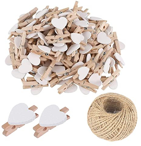 50 x weiße Mini-Wäscheklammern aus Holz, Mehrfarbig, kleine Wäscheklammern mit Herz, 3 cm Herz-Foto-Clips, kleine Wäscheklammern mit Schnur für Fotos, Hochzeits- und Babyparty-Dekoration