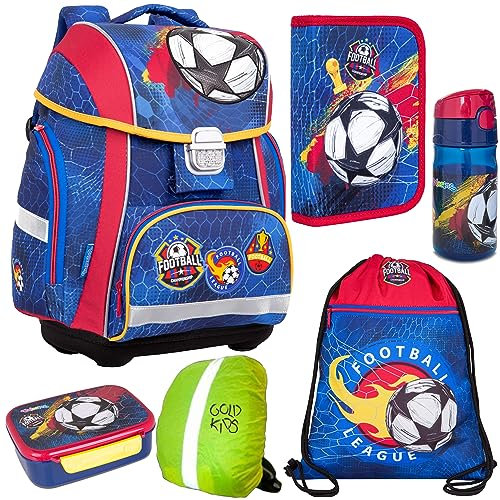 Goldkids Schulranzen Football Fußball Schulranzen-Set Kinderrucksack, Federmappe, Schuhbeutel, Trinkflasche, Brotdose, Regenschutz Motivdruck Fußball 6-teilig
