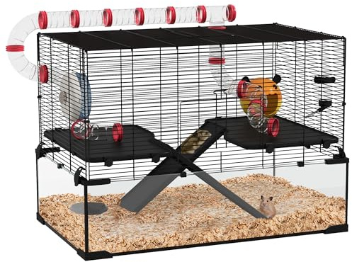 PawHut 31 Extra Large Hamster Cage with Tube Tunnel, Small Animal Cage for Dwarf Hamster, Rat, Gerbil Cage with Deep Glass Bottom, Water Bottle, Food Dish, Exercise Wheel, Ramps