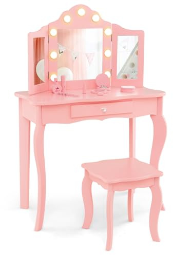 LIFEZEAL toeletta 2 in 1 per bambini con sgabello e cassetto, tavolo da trucco BIMBI con triplo specchio e 9 luci a LED in 3 modalità, antiribaltamento per Ragazzi dai 3 anni in su (Rosa)