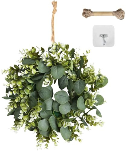 Corona de eucalipto Artificial Corona de Hojas de eucalipto Verde de 14 Pulgadas Corona de Primavera Artificial con Flores Corona Decorativa Coronas de Puerta de Primavera Colgantes realistas Coronas