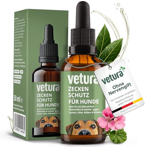 Vetura Zecken Spot-On Hund - Saltidin & ätherische Öle gegen Zecken - 50 ml | Spot-On mit Repellent-Wirkung: wehrt Zecken sowie stechende & beißende Insekten ab, statt Parasiten abzutöten