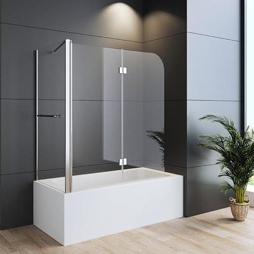 WDWRITTI Duschwand für Badewanne Mit Seitenwand 70x120x140cm, 2-teilig Faltbar, Badewannenaufsatz, Duschabtrennung Mit 6mm ESG Nano Easy-Clean Glas