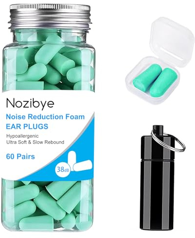 Nozibye Foam Earplugs for Sleep, 60 Pairs Ultra Soft Earplugs with 38dB SNR Noise Reduction, Includes 2 Travel Cases, Reusable Foam Ear Plugs for Sleeping, Snoring, Studying, Work - Teal Green