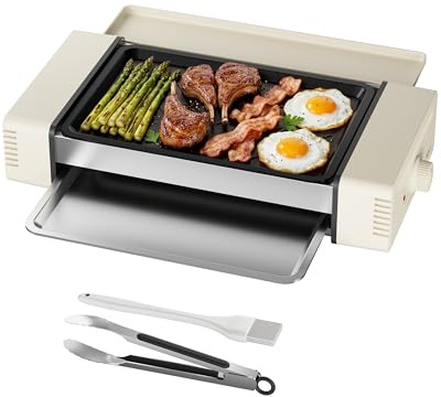 HBN Indoor Grill, 3-in-1 Electric Grill with Grill Rack & Nonstick Griddle & Sausage Grill, Smokeless Indoor Grill Electric Griddle for Home, Apartment, Rvs, Yard (Beige)