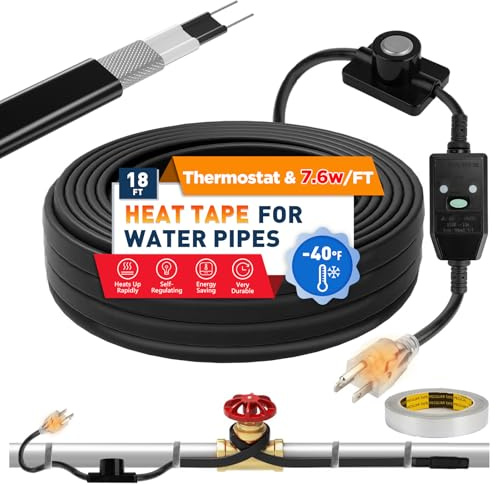 3~100FT Heat Tape for Water Pipes, UL & ETL Certified 18 FT Self-Regulating Pipe Heating Cable with Thermostat for Pipe Freeze Protection, Waterproof Heat Tape for Metal and Plastic Pipes,Black(1pcs)