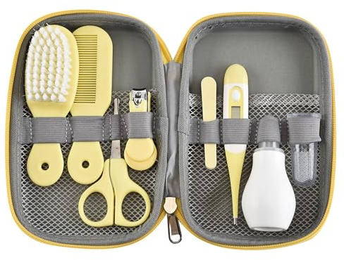 Baby Grooming Kit, 8 pcs Infant Safety Care Set with Hair Brush Nail Clipper Nose Cleaner Finger Toothbrush Scissor Nasal Aspirator Newborn Care for Boys Girls (Yellow)