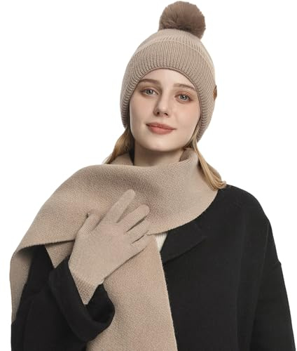 Fohuanky Ensemble de bonnet, écharpe et gants pour femmes - Bonnet d'hiver épais tricoté avec pompon - Gants doublés en polaire - Longue écharpe - Accessoires d'hiver chauds pour dames - Ensemble