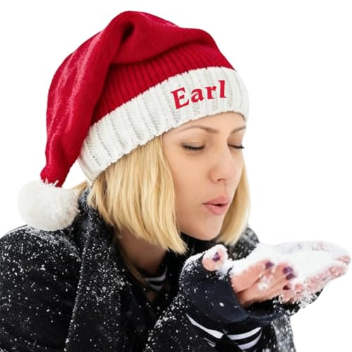 Lousrion Personalisierte Weihnachtsmütze mit Namen, individuell gestrickte Weihnachtsmütze mit Bommel, rot und weiß, Urlaubsmütze für Weihnachten, Party, Neujahrsgeschenk