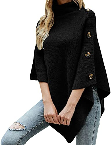 Poncho da donna a collo alto, con dettagli a bottoni, oversize, maglione a collo alto, in tinta unita, con bottoni, top a maniche lunghe