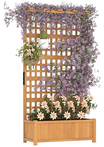 72h Large Raised Garden Bed with Trellis & Roof, Outdoor Wooden Planter Box for Vine Climbing Plants, Flowers & Vegetables, Freestanding Horticulture Planter with Drainage Holes for Patio Yard Balcon