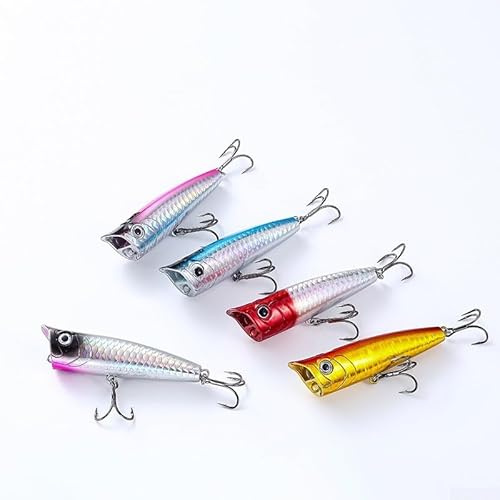 Popper Angelköder-Set, schwimmend, Topwater Action Noise zieht Barsch, Hecht, Arten, 7,5 cm, 9 cm, 8,5 g, 15 g, ABS-verstärkter Drillingshaken, gemischte Farben, 3 Stück Wurfköder, Süßwasser