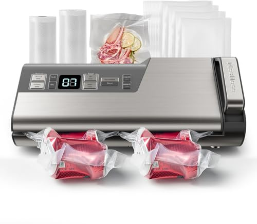 Mesliese Macchina per sottovuoto 95 kPa, 140 W, macchina sottovuoto a doppio sigillo, potente, funzionamento con una sola mano, contenitore per alimenti con dispositivo di taglio integrato e