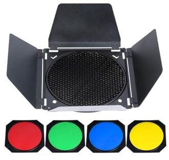 GODOX BD-04 Barn Door Barndoor Kit with Honeycomb Grid 4 Color Gel Filters for 7 Inch Standard Reflector Replacement for GODOX SL60W SL150II SK400II Studio Light Portrait Still Life