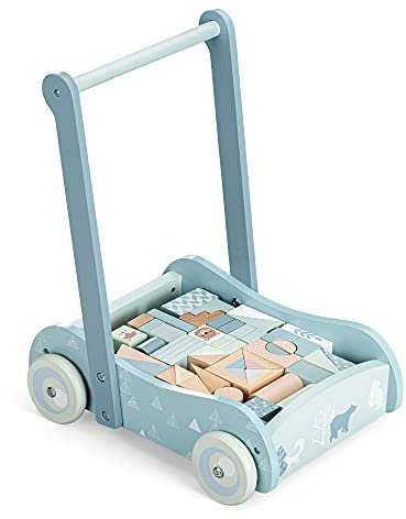 Navaris Lauflernwagen aus Holz mit 46 Bauklötzen - Lauflernhilfe für Babys - Laufwagen für Mädchen und Jungen - Baby Gehhilfe Lernlaufwagen - Blau