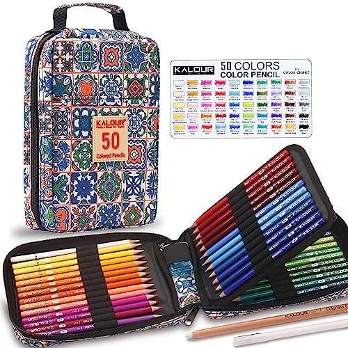 KALOUR Premium Buntstifte für Erwachsene Ausmalmalbücher, Set mit 50 Farben, Stifthalter mit Reißverschluss, ideal für Schichten und Mischen,Buntstifte für Erwachsene, Künstler, Anfänger