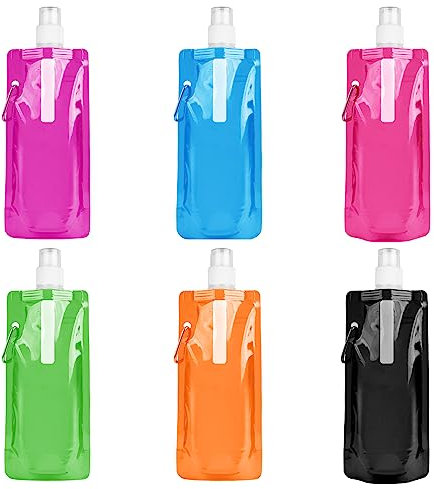 flintronic Foldable Sports Bottle, 6pcs Foldable Water Bottle 500mL, Reusable BPA Free Collapsible Water Bottle, Flexible Drink Pouches Bags with Clip for Outdoor Sports, Travel, Biking, Hiking