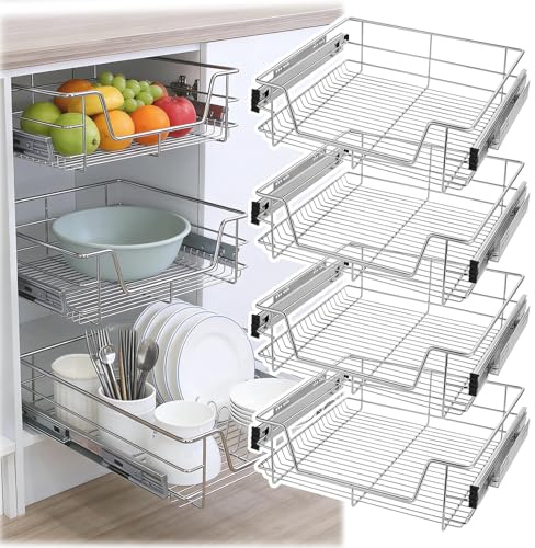 SAILUN Pull Out Wire Basket for 600mm Kitchen Cabinet, 4 Pack Slide Out Storage Drawer Organiser Base Larder, Silver Cabinet Pull-Out Basket for Kitchen, Pantry, Bathroom Cabinets