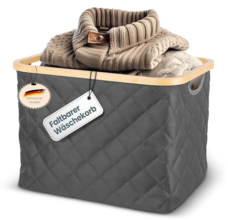 NEU LACAZO 55 L – robuste, platzsparende Wäschebox – atmungsaktiver Stoff – standfester Bambusrahmen – nur 715 Gramm – Tragegriffe Wäschekorb Schwarz (Dunkelgrau) Storage Basket