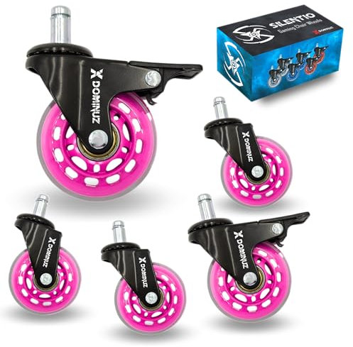 XDominuz Silentio - Lot de 5 roulettes Silencieuses pour Fauteuil de Gaming - 2 avec Frein et 3 Libres - pour Parquet et Surfaces Délicates - Ultra-Silencieux - Rose