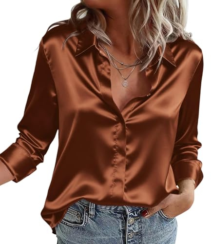 Zeagoo Camicia da Donna in Raso di Seta Camicetta Elegante Bluse Scollo a V Camicia a Maniche Lunghe Button Down a Tinta Unita Shirts Marrone XL