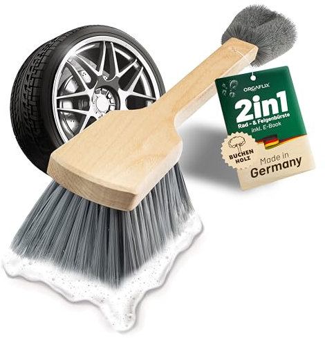 ORGAFLIX Premium Rad- und Felgenbürste 2in1 - Kratzfreie Felgenreiniger-Bürste mit weichen Synthetikborsten - Autowaschbürste für Auto, Motorrad, Fahrrad, E-Bike & Wohnmobil - Made in Germany