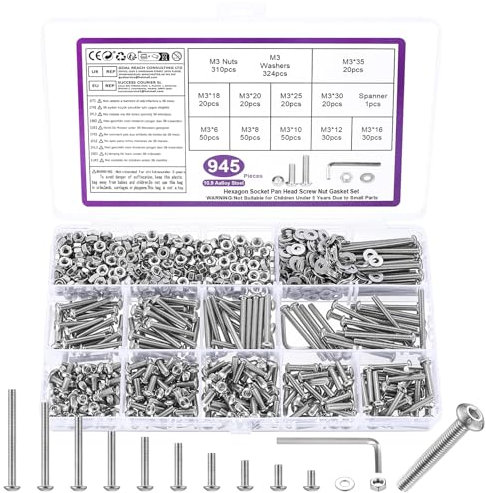 945 Pz Set di Viti M3, Bulloni e Dadi Set, Viti a Testa Cilindrica con Esagono Incassato, Kit di Assortimento di Bulloni a Testa Tonda a Esagonale e Dadi e Rondelle (M3)