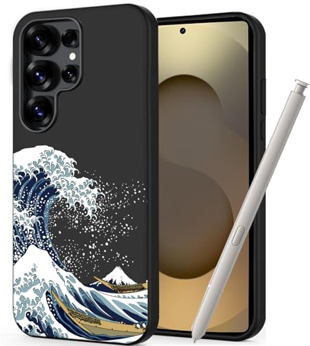 Unov Case Designed for Galaxy S25 Ultra, Black Phone Case with [Anti-Slip Embossed Pattern], Shockproof Slim Protective [Anti-Scratch TPU] Back Cover, Great Wave