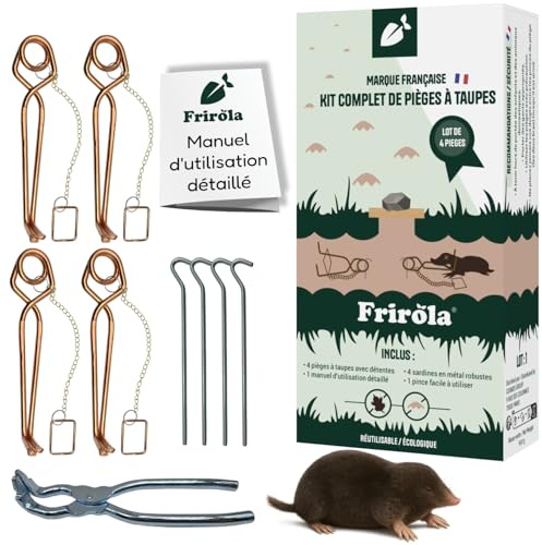Frirola - Piege a Taupe - Kit de 4 Anti Taupe Efficace - Pince Installation Facile - Putange Professionnel - Produit Anti Taupe - Anti nuisible - Détente soudée améliorée - Éliminer Les Taupes