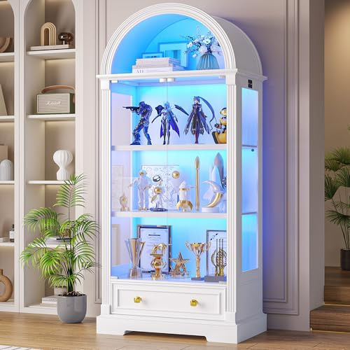 Arched Display Cabinet with Glass Doors, 72 Tall Curio Cabinet with Human Sensor Lights, 4-Tier Display Case for Collectibles Bookcase Living Room