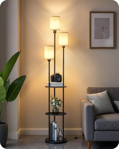 GOEBLESON Stehlampe Wohnzimmer mit Ablage, Stehleuchte mit Regal Vintage | 3-flammige Standleuchte aus Holz mit Fußschalter, E27 Fassung, moderne Regallampe, Retro Schwarz und Beige